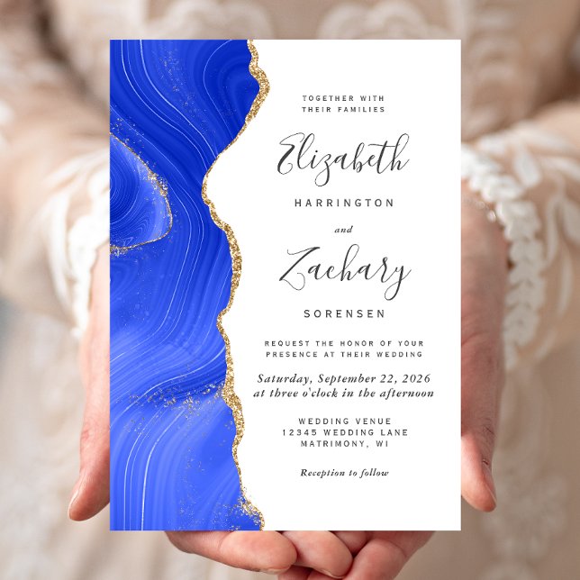 Modern Royal Blue Gold Agate Wedding Invitation (Creator Uploaded)