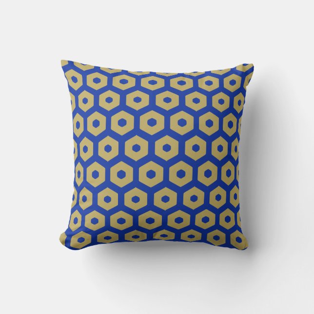 Modern Royal Blue Gold Beehive Geo Pattern Cushion (Front)