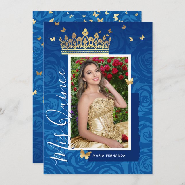 Modern Royal Blue Gold Elegant Photo Quinceanera Invitation (Front/Back)
