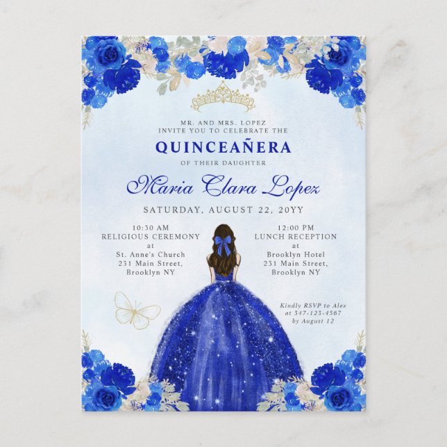 Modern Royal Blue Gold Floral Princess Quinceañera Postcard (Front)