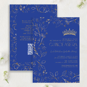Modern Royal Blue Gold Floral Tiara QR Quinceañera Invitation