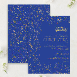 Modern Royal Blue Gold Floral Tiara Quinceañera Invitation