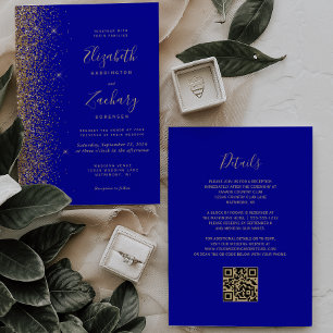 Modern Royal Blue Gold Glitter QR Code Wedding Invitation