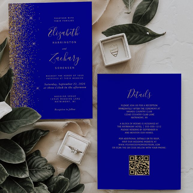 Modern Royal Blue Gold Glitter QR Code Wedding Invitation (Creator Uploaded)