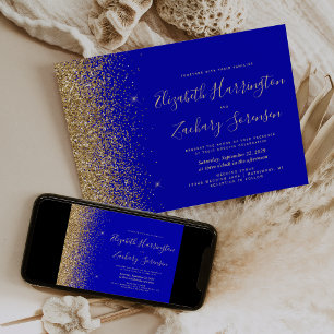 Modern Royal Blue Gold Glitter Wedding Invitation