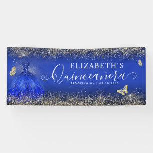 Modern Royal Blue Gold Gown Quinceañera Welcome Banner