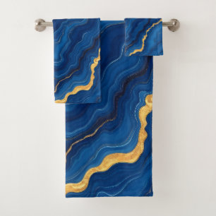Modern Royal Blue Gold Marble Collection Bath Towel Set