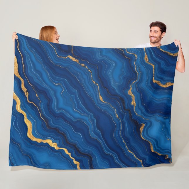 Modern Royal Blue Gold Marble Collection Fleece Blanket (In Situ)