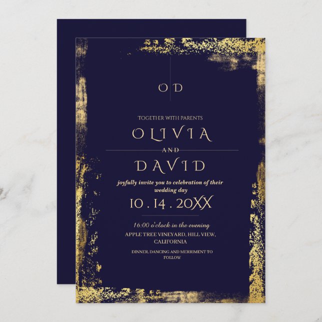 Modern Royal Blue Gold Wedding Invitation (Front/Back)