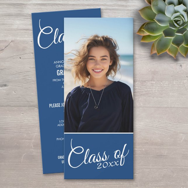 Modern Royal Blue Graduation Photo Announcement (Classic Photo Graduation Announcement)