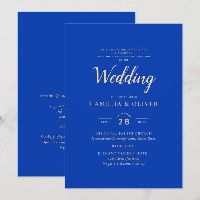 Modern Royal Blue Monochrome Wedding  Invitation (Front/Back)