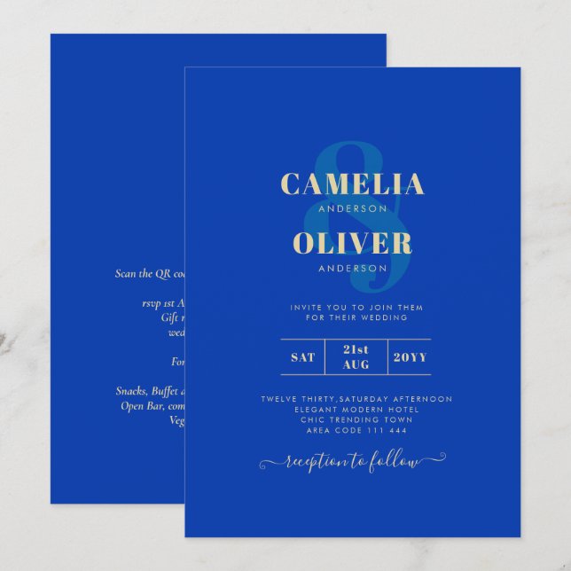 Modern Royal Blue Monochrome Wedding INVITE (Front/Back)