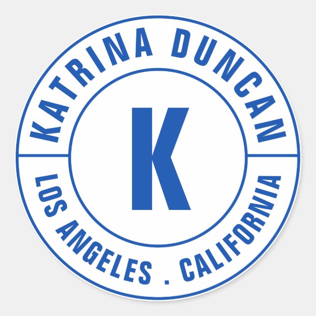 Modern Royal Blue Monogram Curved Text Classic Round Sticker (Front)