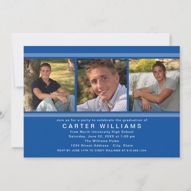 Modern Royal Blue Photo Collage Graduation Party Invitation (Front)