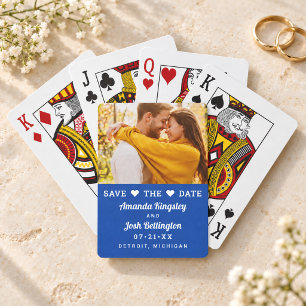 Modern Royal Blue Photo Heart Save the Date Playing Cards
