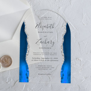 Modern Royal Blue Silver Agate Wedding Arch Acrylic Invitations