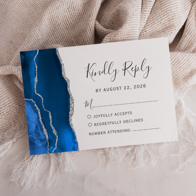 Modern Royal Blue Silver Agate Wedding RSVP Card (Creator Uploaded)