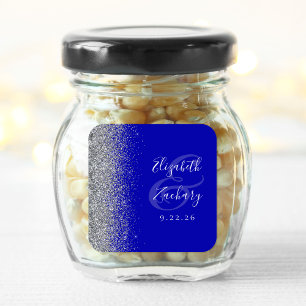 Modern Royal Blue Silver Glitter Edge Wedding Square Sticker