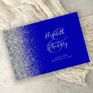 Modern Royal Blue Silver Glitter Script Guest Book