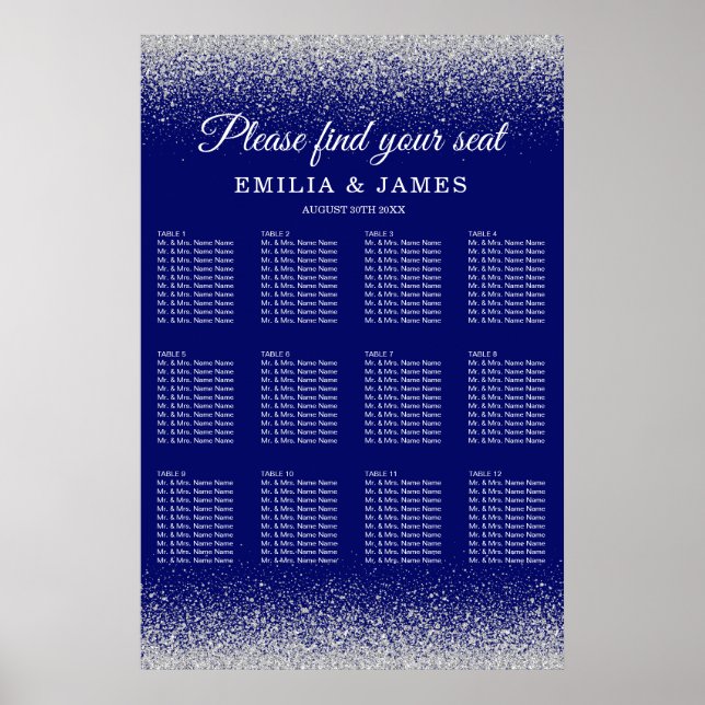 Modern Royal Blue Silver Glitter Wedding Poster (Front)