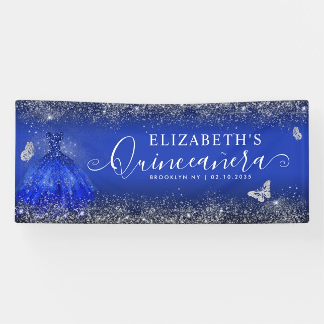 Modern Royal Blue Silver Gown Quinceañera Welcome Banner (Horizontal)