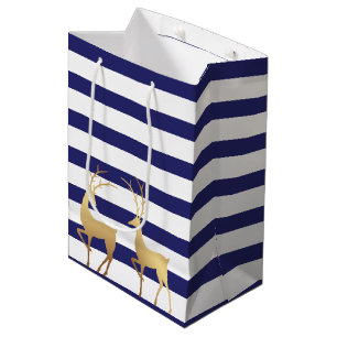 Modern Royal Blue Stripes Gold Deer Medium Gift Bag