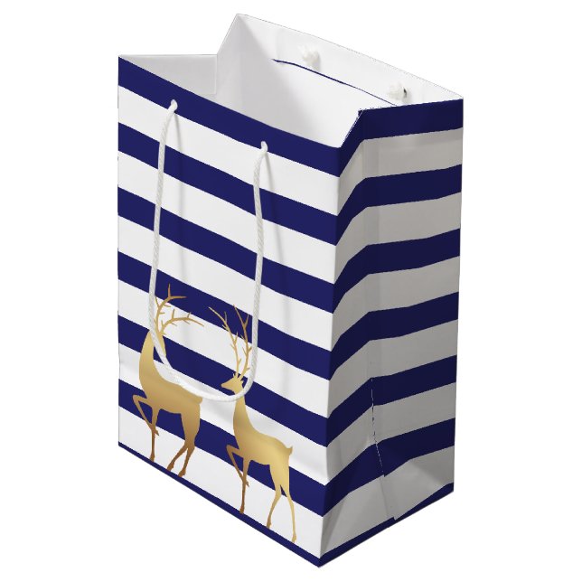 Modern Royal Blue Stripes Gold Deer Medium Gift Bag (Front Angled)