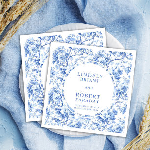 Modern Royal Blue Toile Roses Wedding Napkins Set