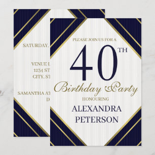 Modern Royal Blue White And Gold Stripes Birthday Invitation