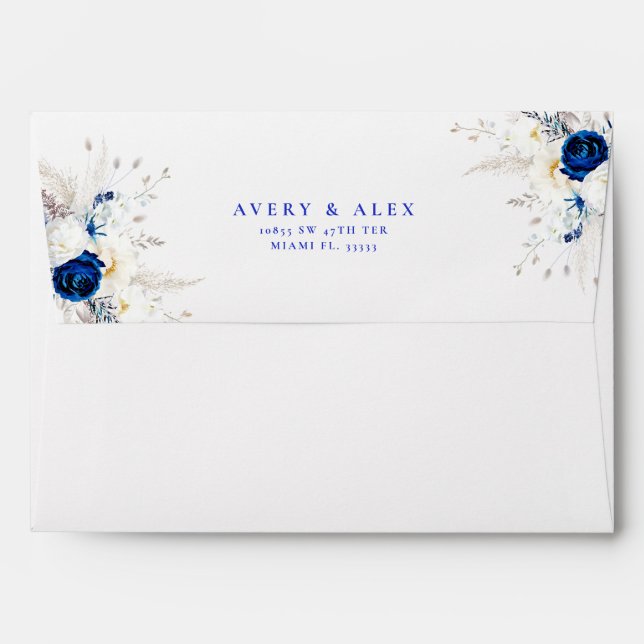 Modern Royal Blue & White Botanical Wedding  Envelope (Back (Top Flap))