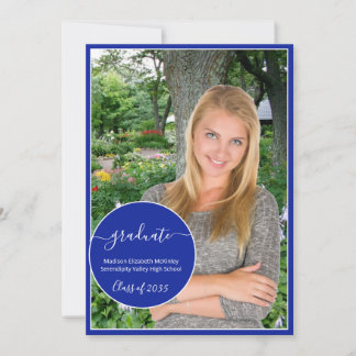 Modern Royal Blue White Circle Photo Graduation Announcement