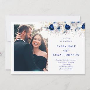 Modern Royal Blue & White Floral Photo Wedding Invitation
