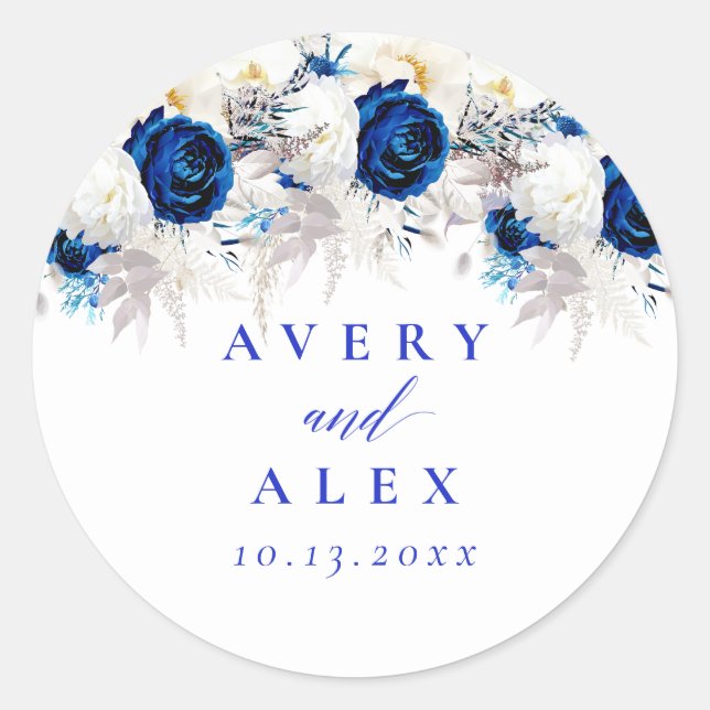 Modern Royal Blue & White Floral Wedding Classic Round Sticker (Front)