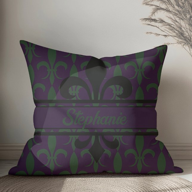 Modern Royal Purple Fleur-de-lis pattern Monogram Cushion (Creator Uploaded)