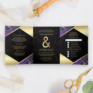 Modern Royal Purple Gold Marble Ampersand Wedding Tri-Fold Invitation