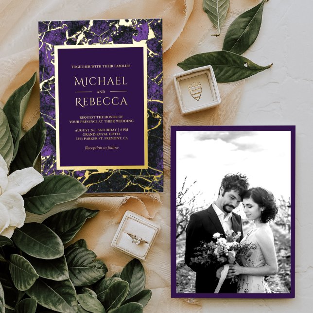 Modern Royal Purple Marble Photo Wedding Gold (Creator Uploaded)