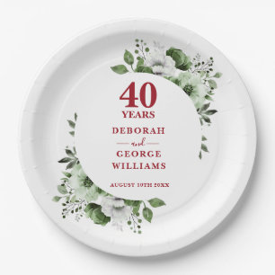 Modern Ruby 40th Wedding Anniversary Greenery Paper Plate