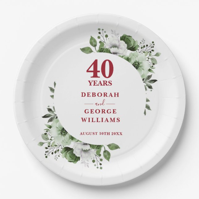 Modern Ruby 40th Wedding Anniversary Greenery  Paper Plate (Front)