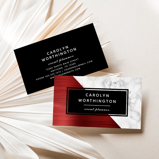 Modern Ruby Red Brushed Foil White Marble Black Business Card (Creator Uploaded)