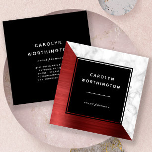 Modern Ruby Red Brushed Foil White Marble Black Square Business Card