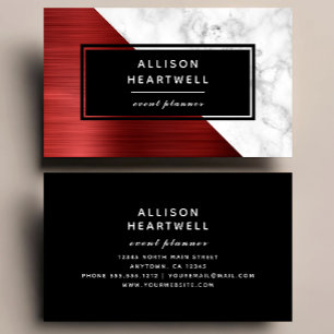 Modern Ruby Red Brushed Metal White Marble Black Business Card