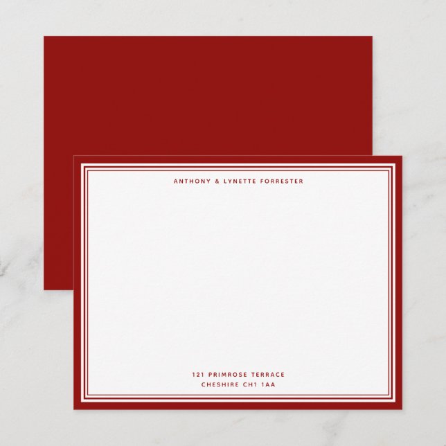 Modern Ruby Red Name & Address Note Card (Front/Back)