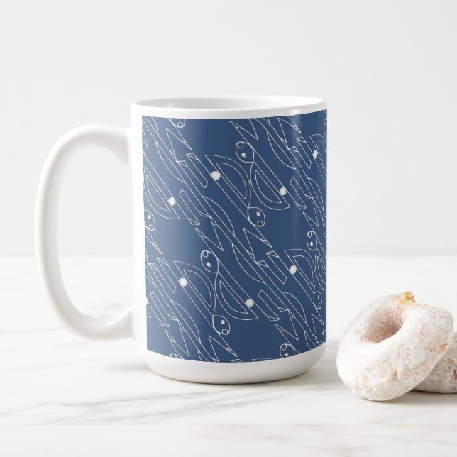 Modern  Running Rabbit Blue White Unique  Coffee Mug (With Donut)