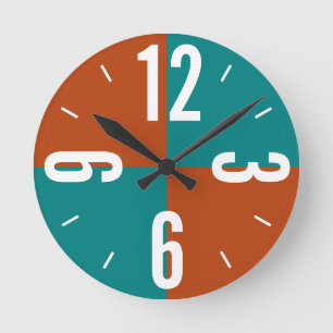 Modern rust and teal colour blocks large numbers round clock