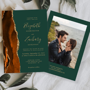 Modern Rust Dark Green Gold Agate Photo Wedding Invitation