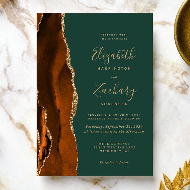 Modern Rust Emerald Green Agate Wedding Invitation (The perfect choice for a rust and emerald green themed wedding.)