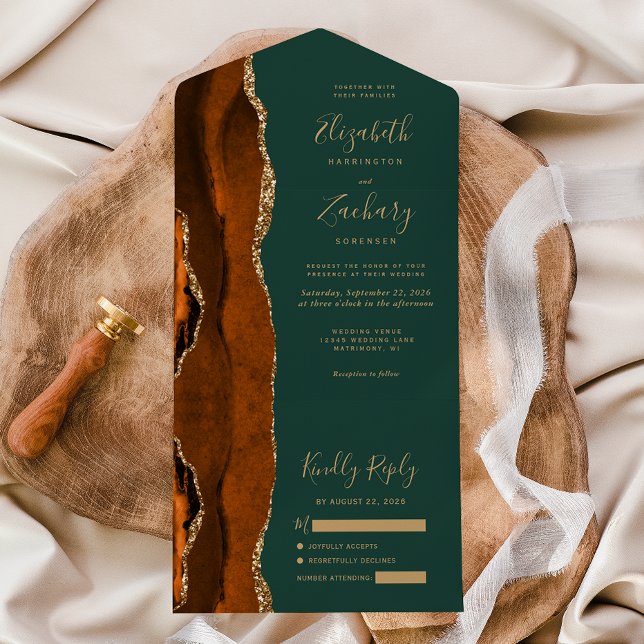 Modern Rust Gold Agate Hunter Green Wedding All In One Invitation (Creator Uploaded)