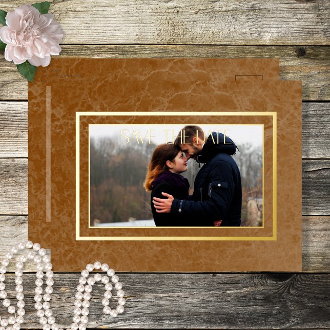 Modern Rust Marble Photo Wedding Save the Date Foil Holiday Postcard (Creator Uploaded)