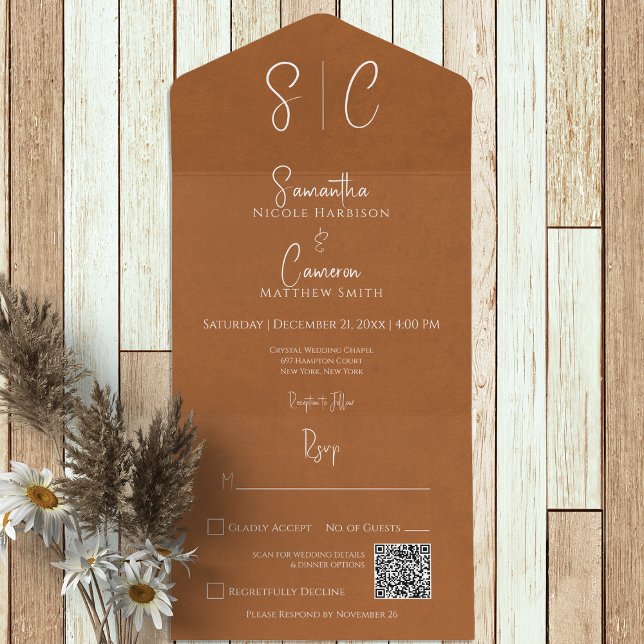 Modern Rust Minimal Monogram QR Code All In One Invitation (Creator Uploaded)