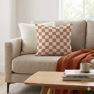 Modern Rust Orange & Cream Gingham Cushion